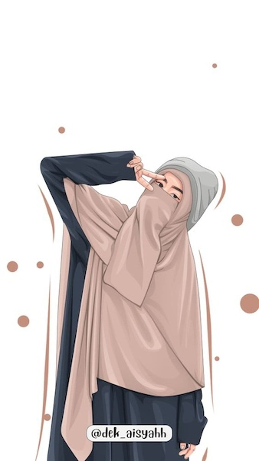 Muslim woman in a navy blue niqab peeking through her fingers with beige fabric folds in the background.