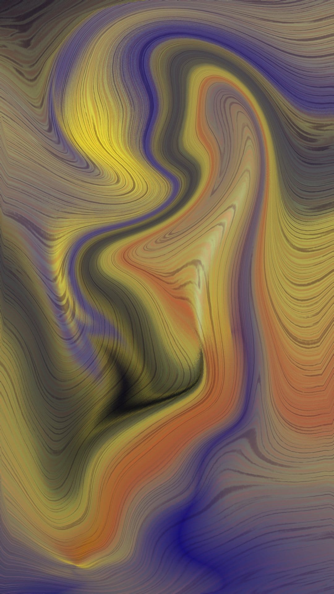 Swirling yellow, purple, and orange fluid patterns merge in a marble-like texture with intricate curved lines.