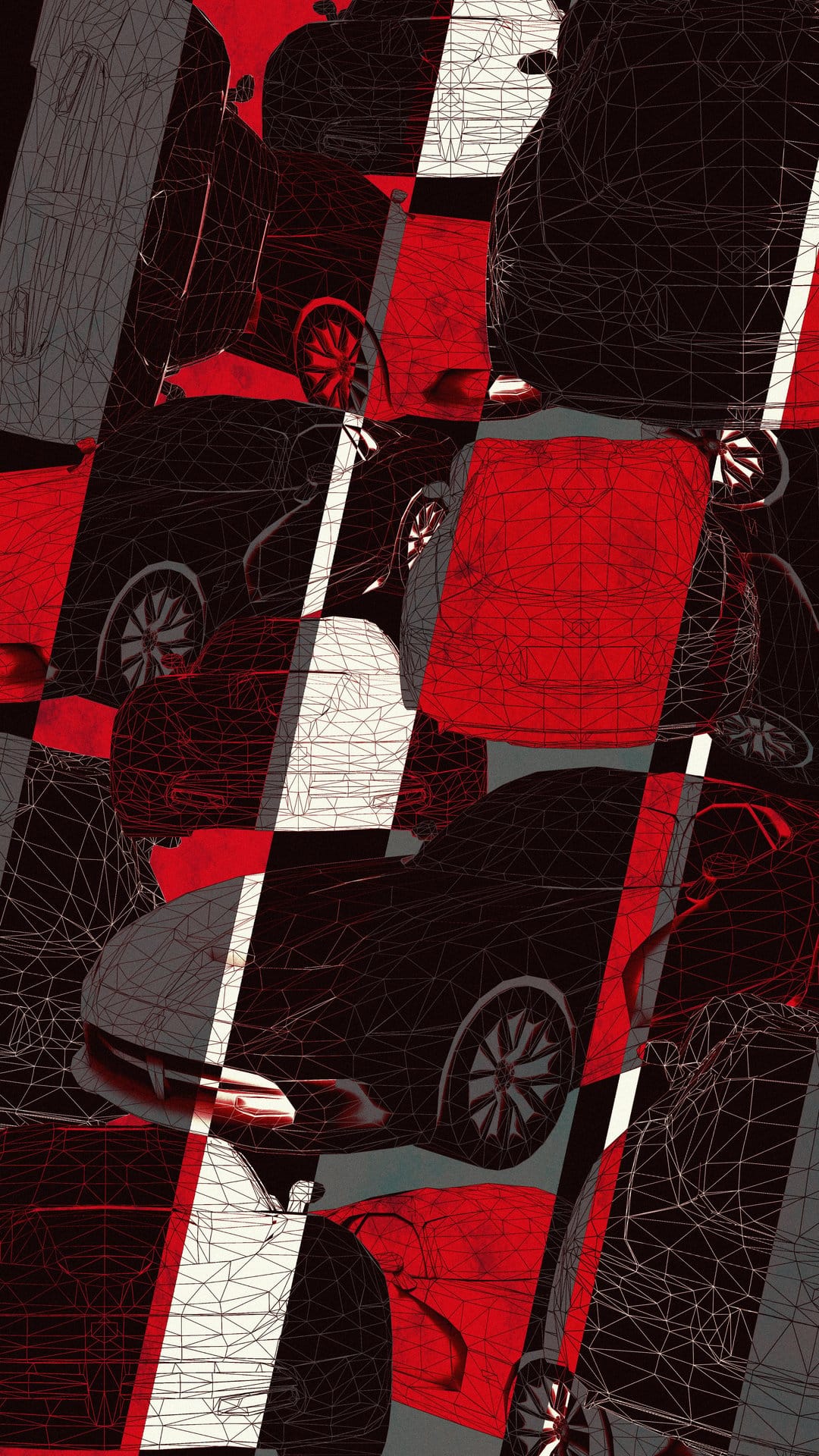 Red and white wireframe cars rendered with polygonal mesh lines on a dark, high-contrast background.