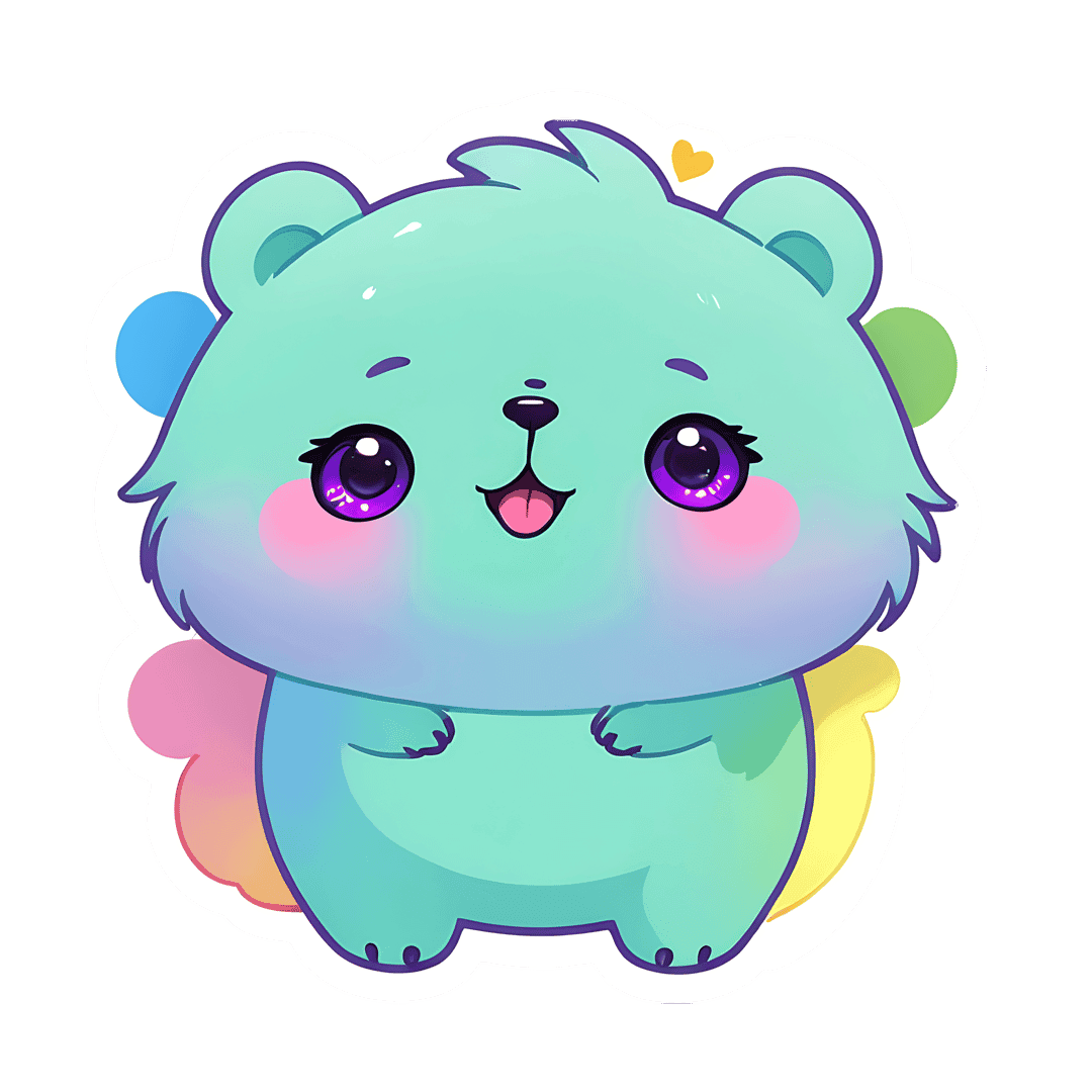 Kawaii bear sticker with aqua blue gradient, sparkling purple eyes, yellow heart, and white die-cut border.