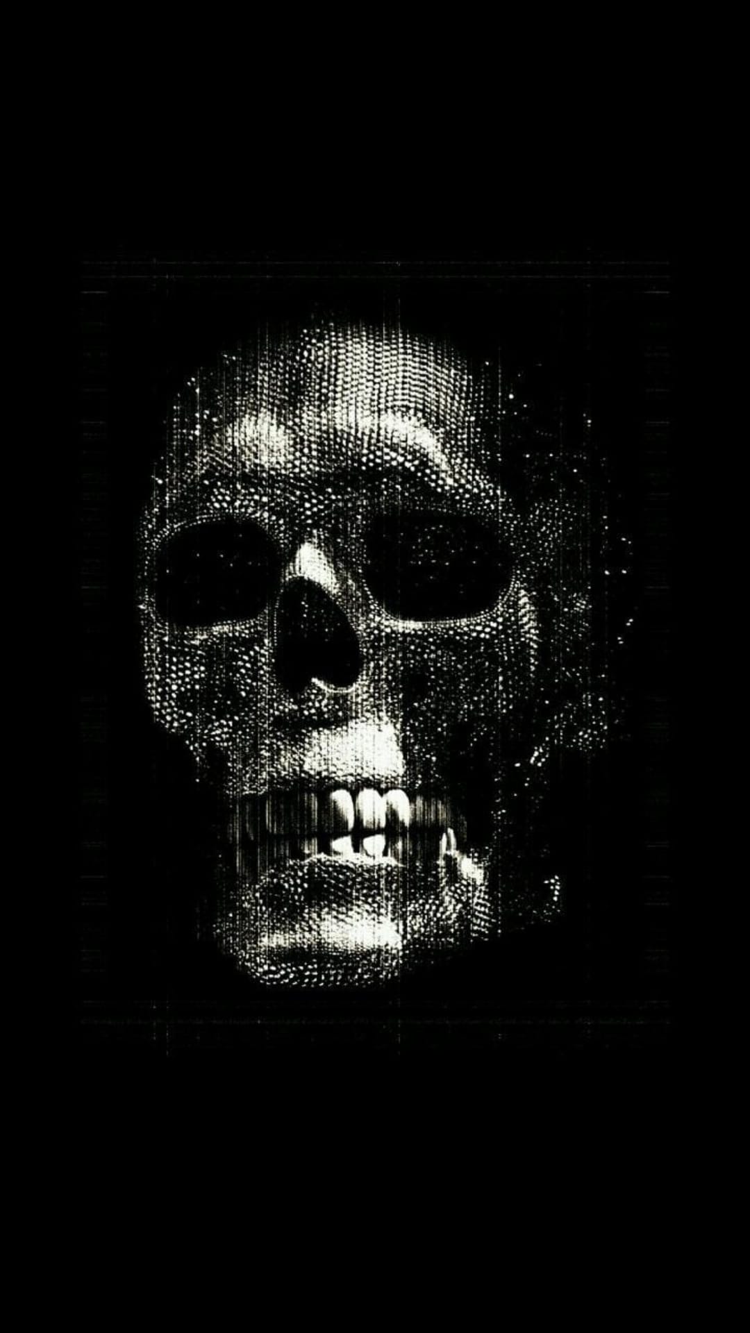 Human skull rendered with white stippled dots and pixelated textures against a stark, high-contrast black backdrop.