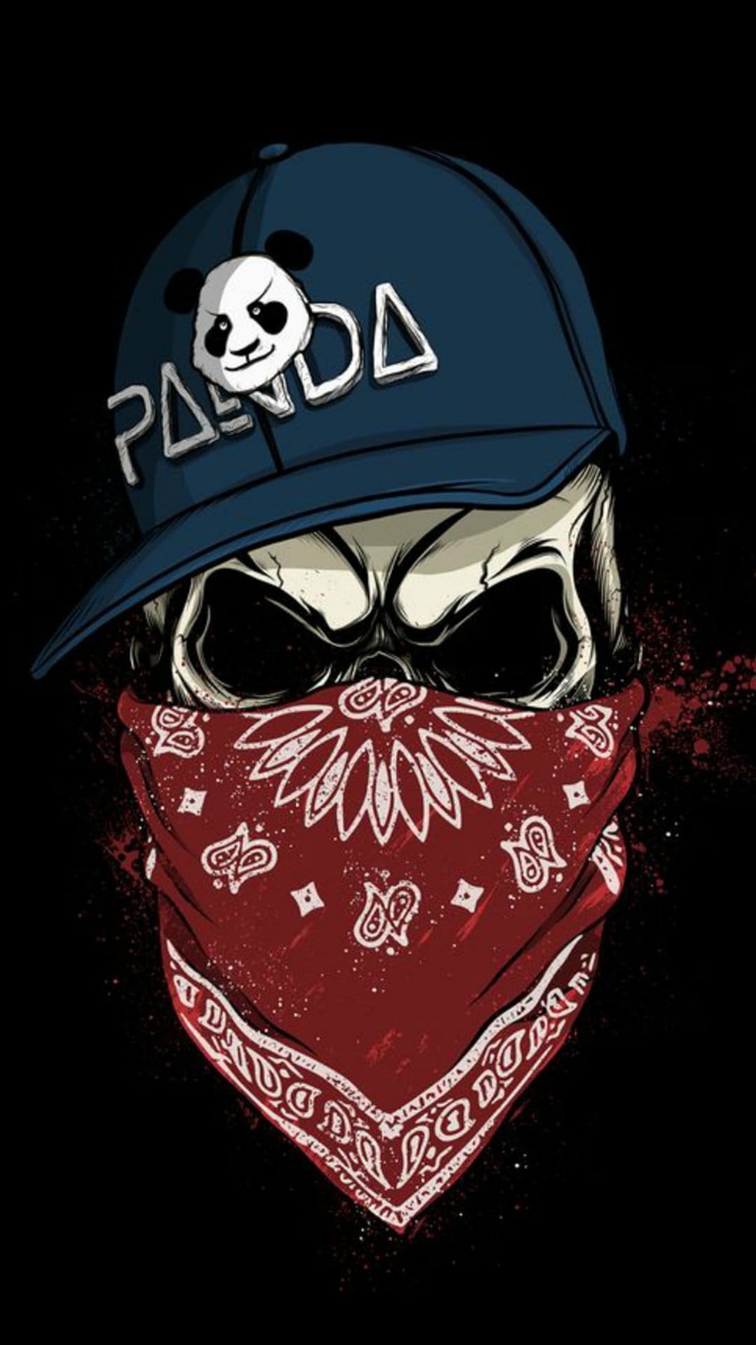 Human skull wearing a blue panda logo hat and a red paisley bandana covering the lower face against a dark backdrop