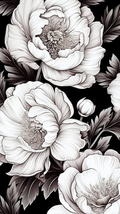 flowers,peonies,petals,art,black and white