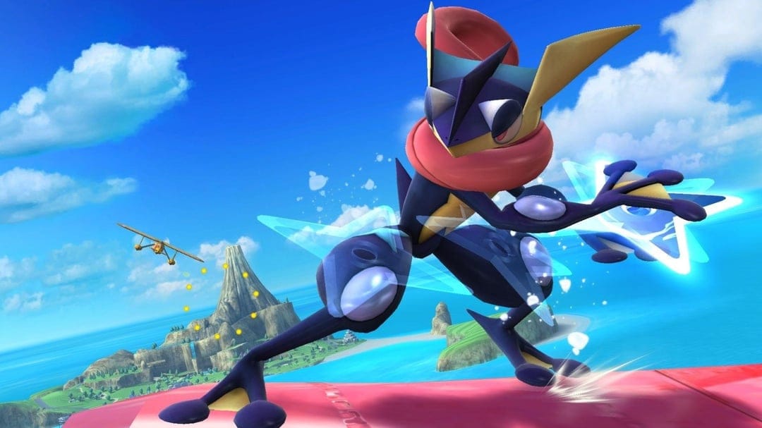 Ash-Greninja poised on a red plane wing with glowing blue shurikens against a tropical island backdrop.