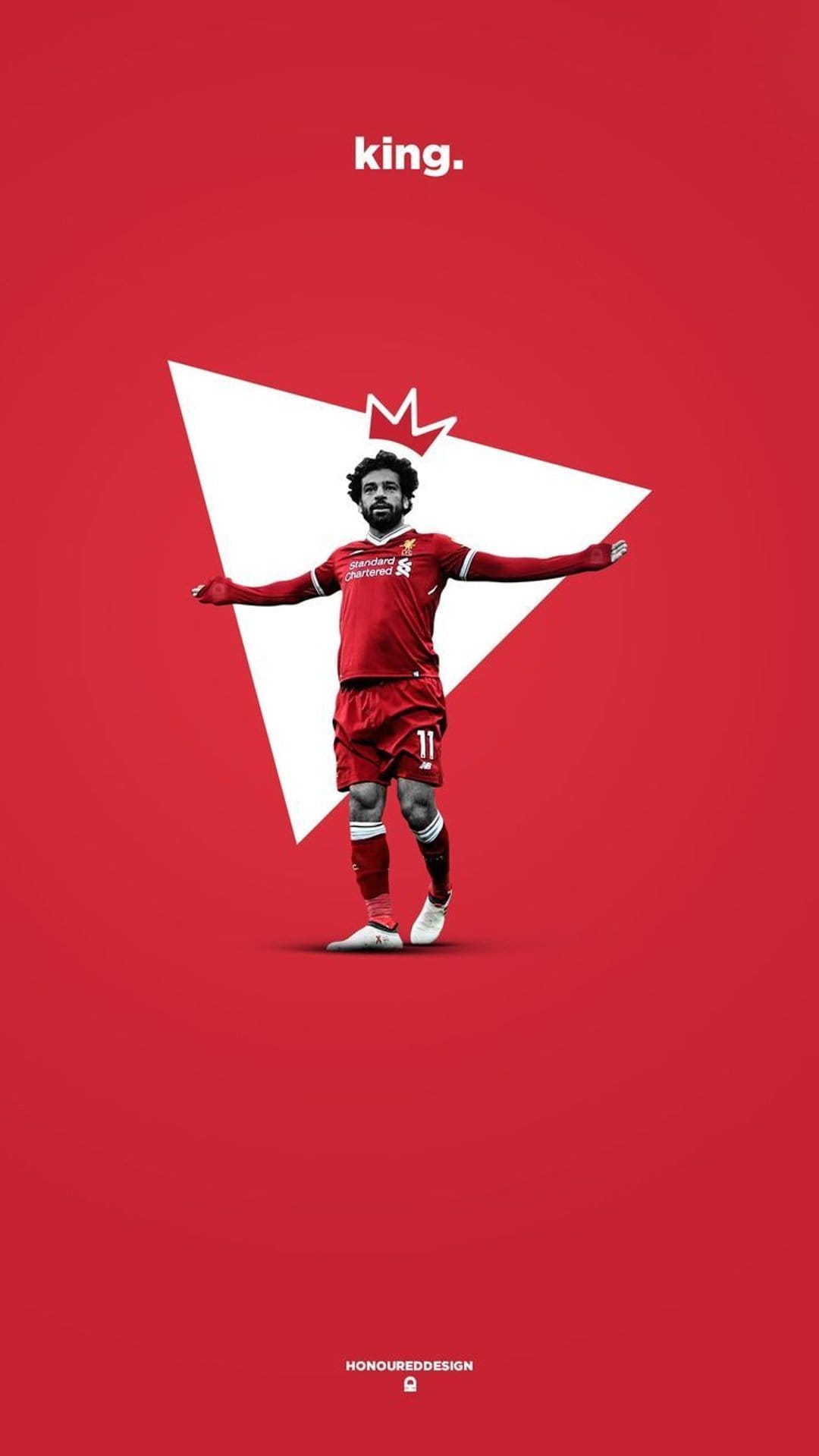 Mohamed Salah wearing a royal gold crown against a crimson backdrop featuring sharp geometric shapes and text.