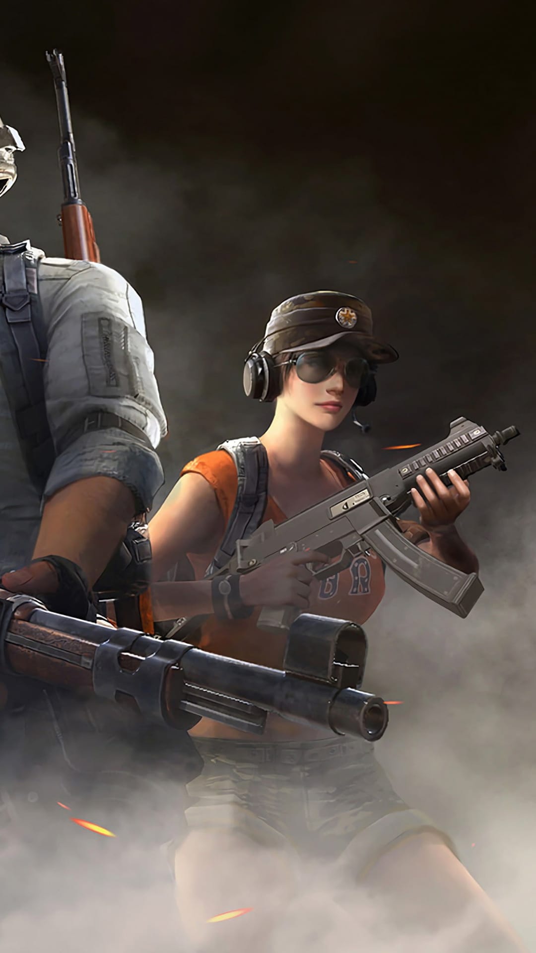 A female soldier in tactical gear with sunglasses and a male partner hold firearms in a dark, smoky environment.