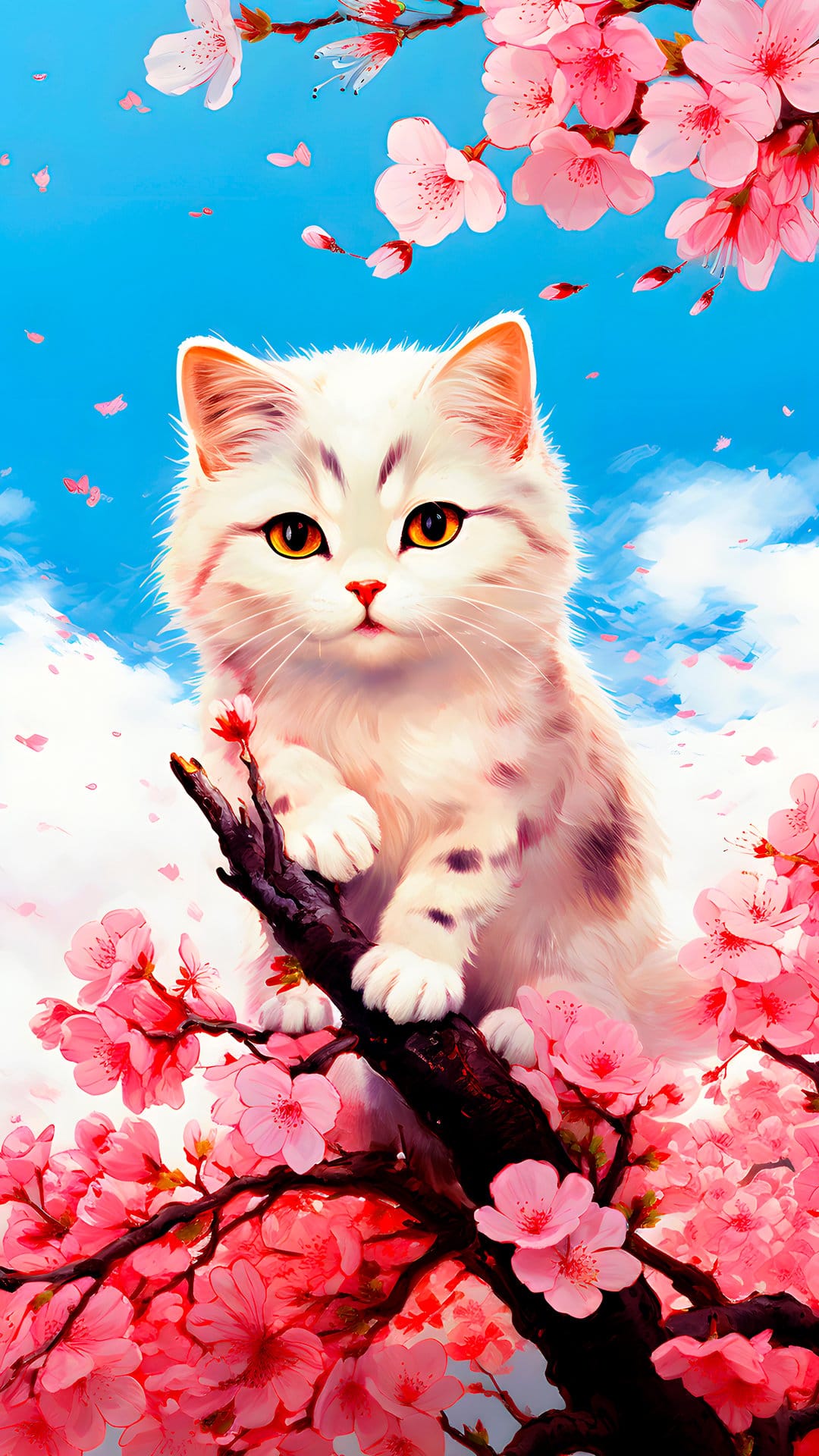 Fluffy white kitten with orange eyes sits on a cherry blossom branch against a bright blue sky with clouds.