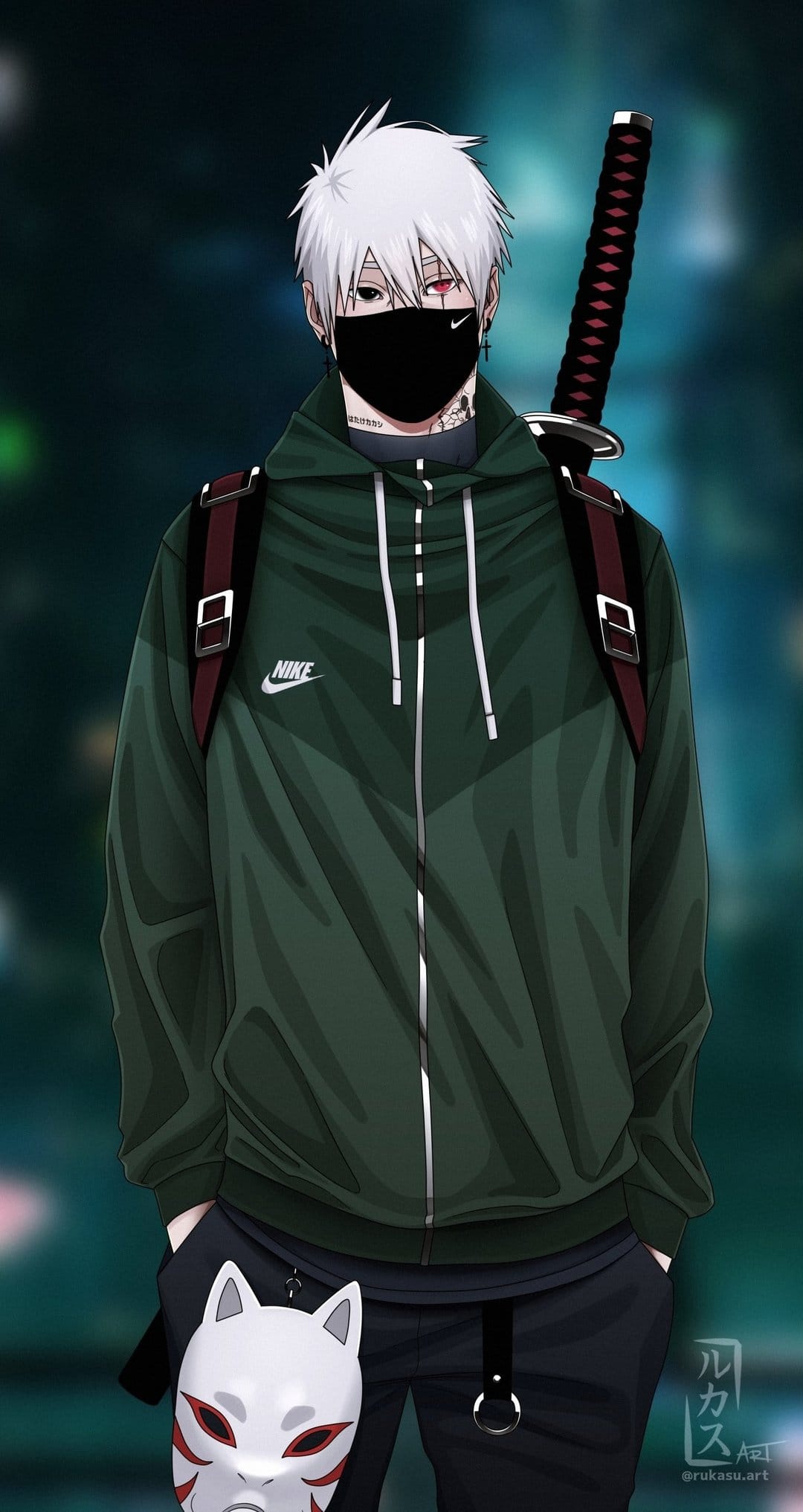 White-haired boy wearing a black mask and green jacket holds a kitsune mask with a sword on his back.