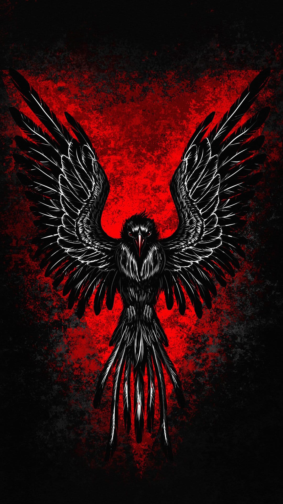 Black raven with detailed white-lined feathers spreads its wings wide against a textured red and black backdrop.