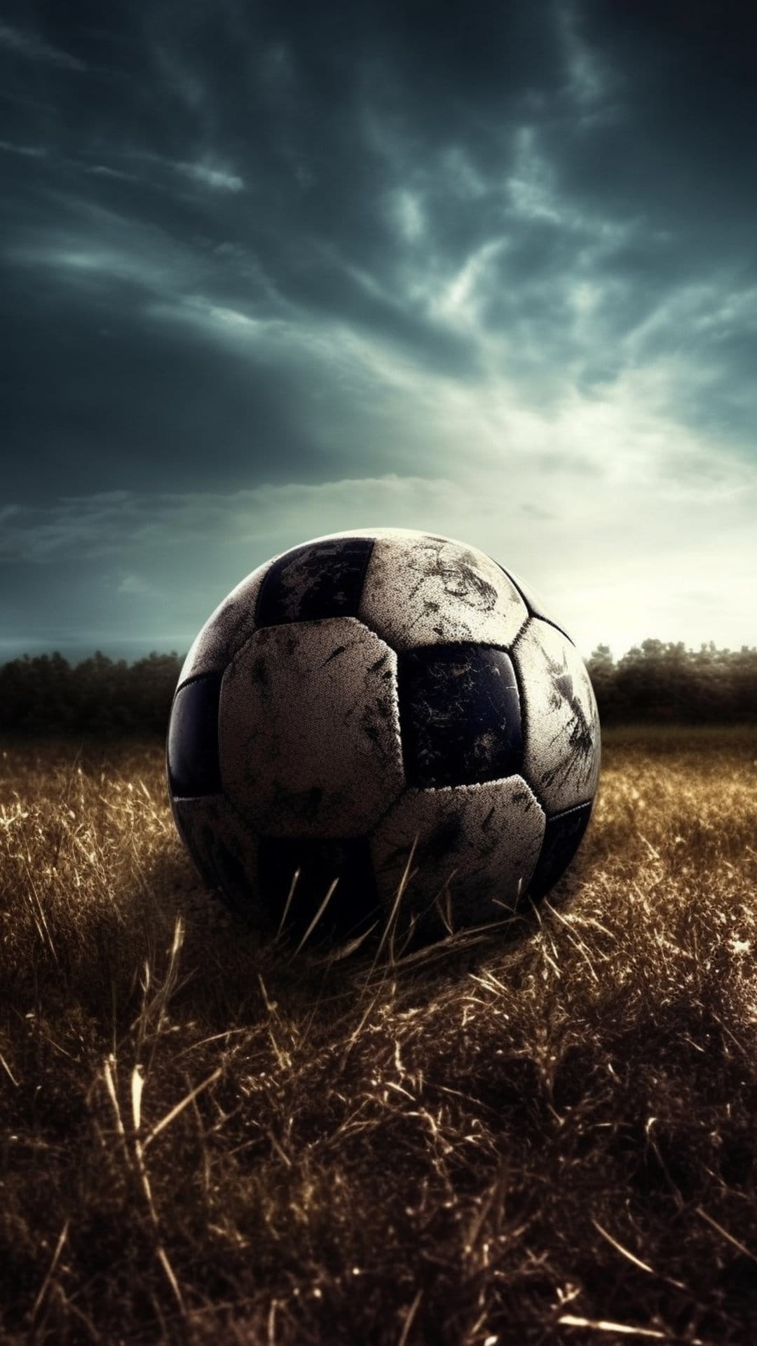 Weathered soccer ball rests in tall golden grass under a heavy, dramatic sky with dark storm clouds.