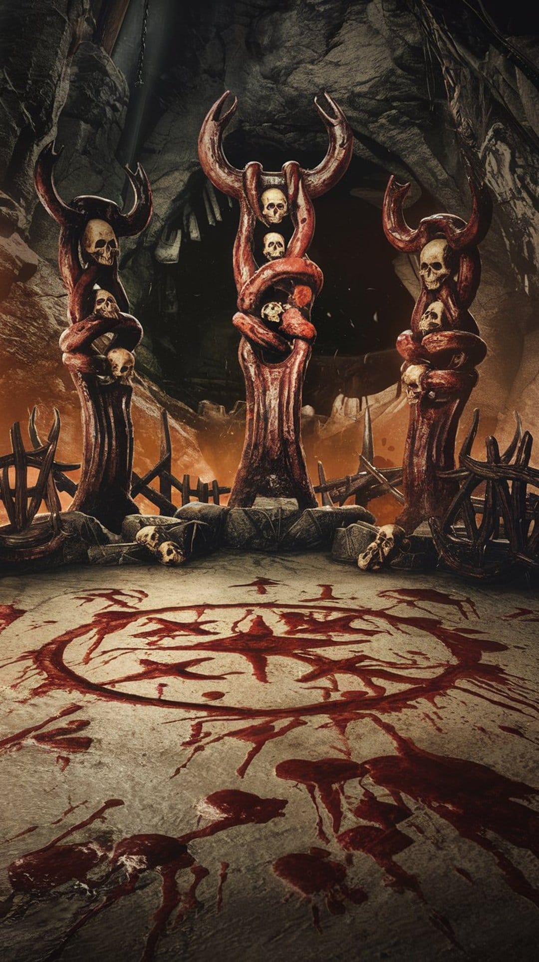 Three bone pillars adorned with skulls surround a red ritual circle on the ground of a dark, cavernous room.