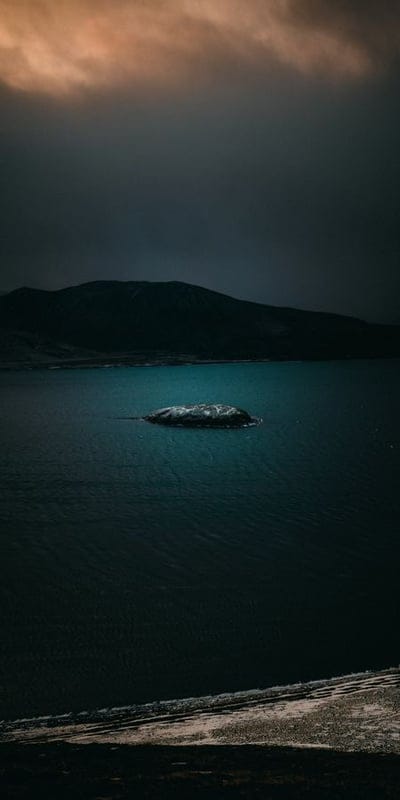 Island, Lake, Water, Moody, Landscape, Nature, Dark, Solitary, Mountain, Sky, Tranquil, Serene, Outdoors, Mysterious, Blue, Teal, Orange, Horizon, Cold, Desolate