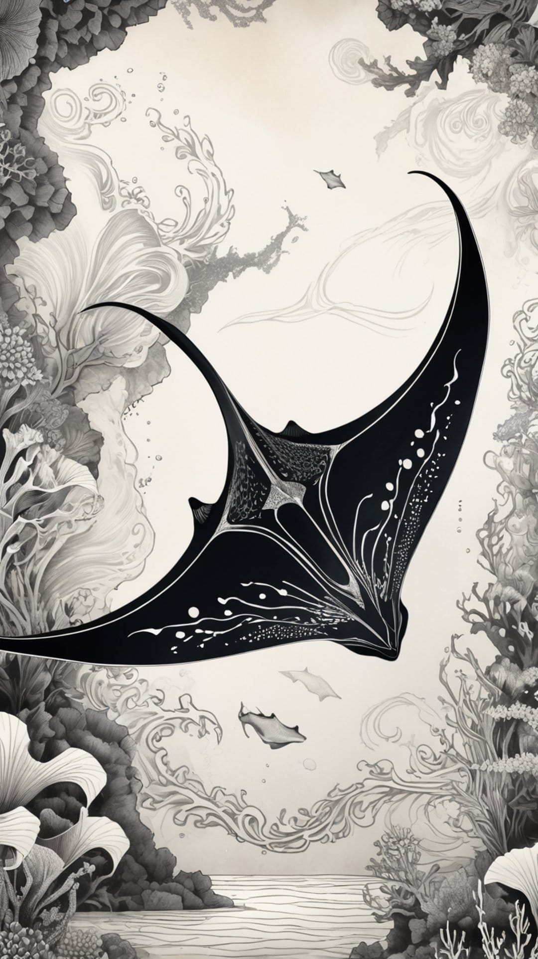 Manta ray soaring above intricate coral reefs and kelp forests in a high-contrast black and white composition.