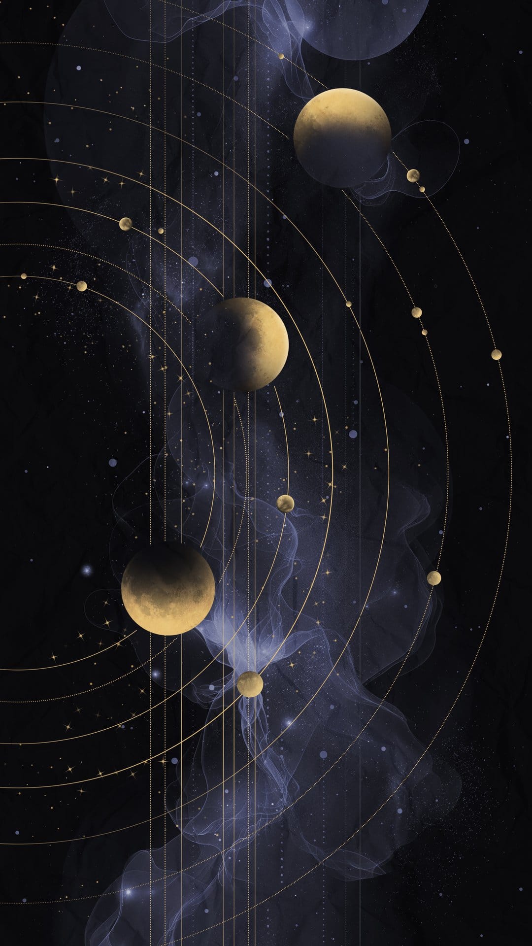 Golden planets on thin orbital lines float amidst violet nebulae and distant stars against a dark background.