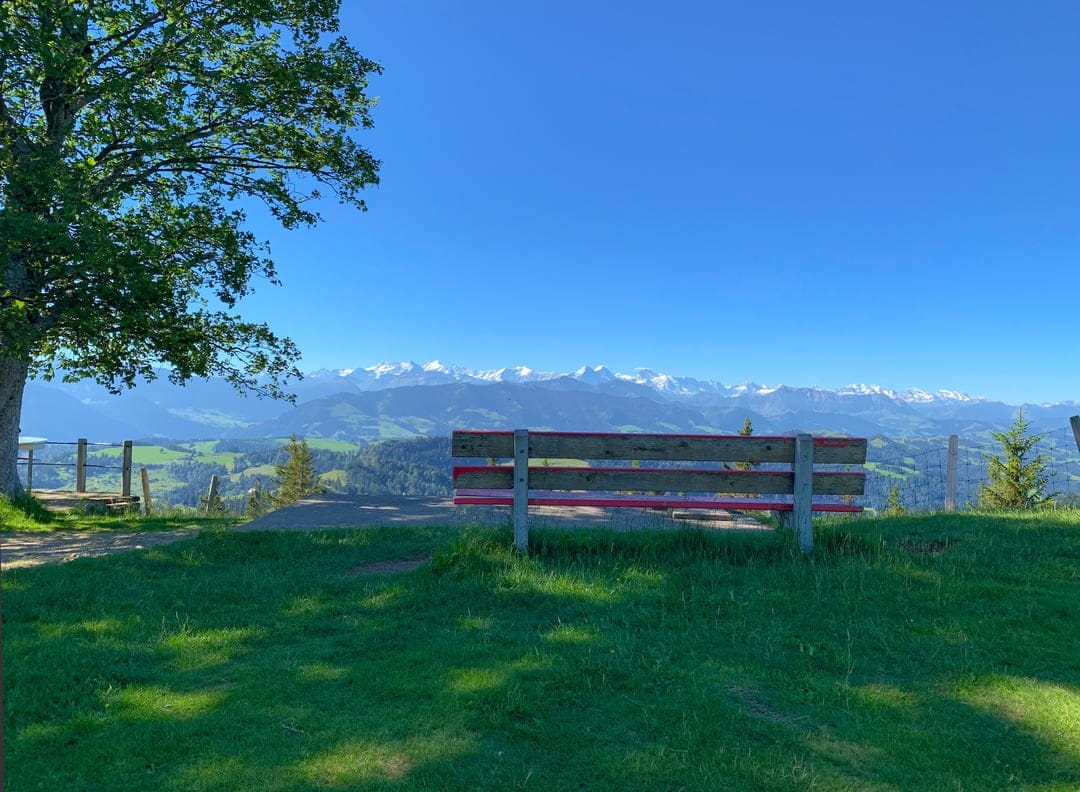 Wooden bench with red trim on a grassy ridge facing jagged snow-capped mountain peaks under a clear blue sky.