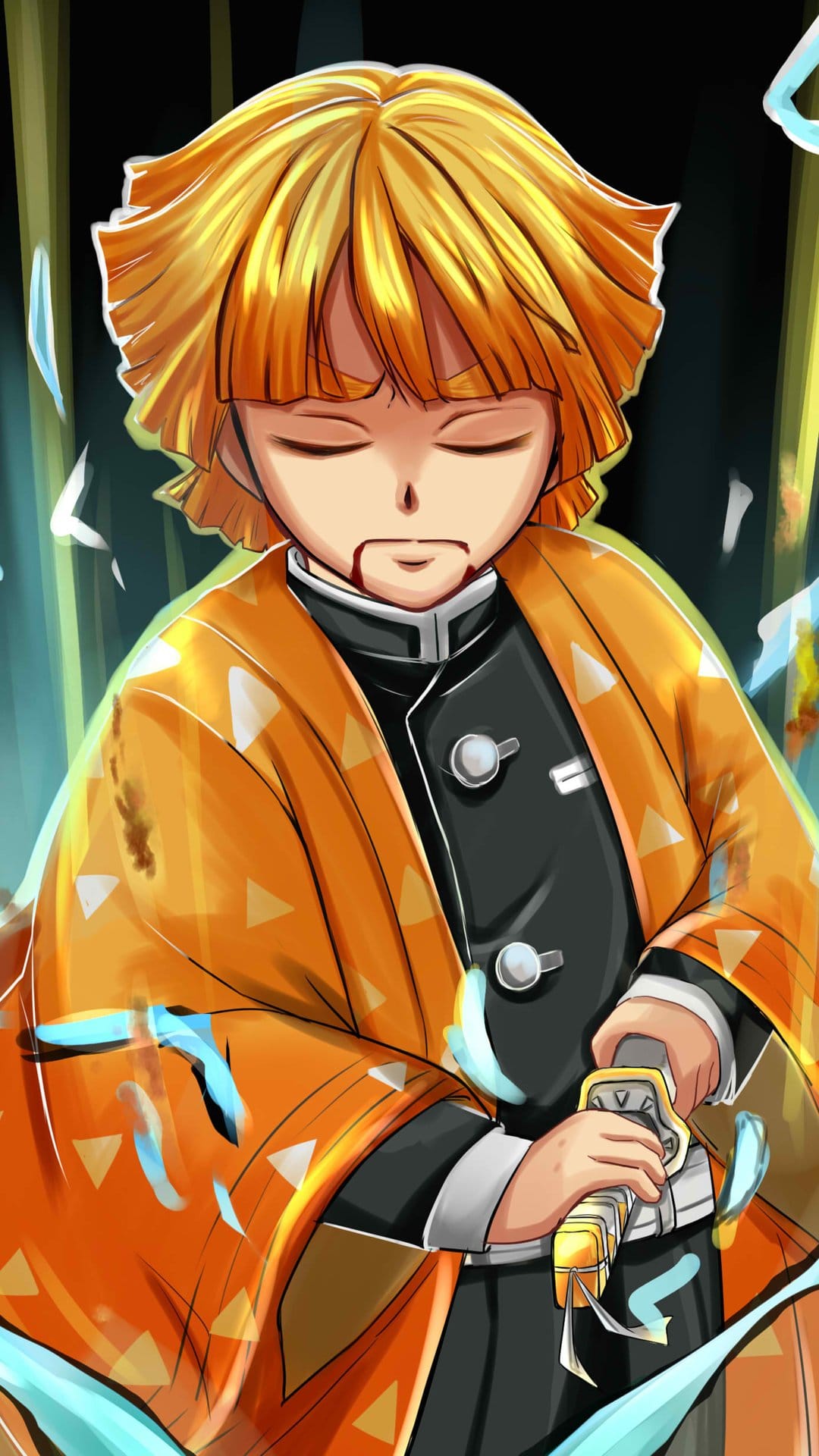 Zenitsu Agatsuma with closed eyes and a bloodied chin holds a katana hilt amidst blue lightning strikes.