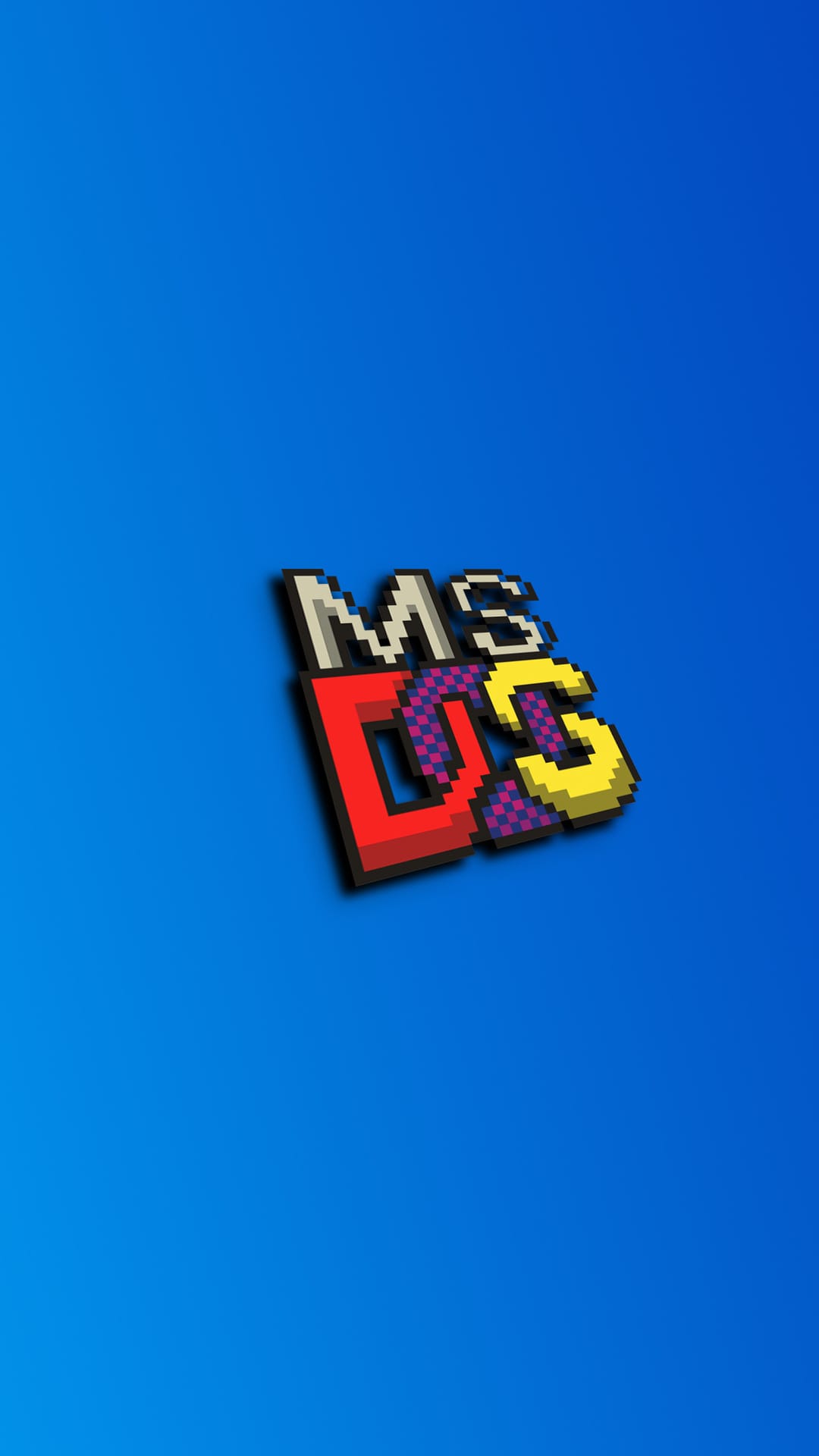 MS-DOS logo in 3D pixel art with checkered patterns on a blue gradient background for mobile phone screens.