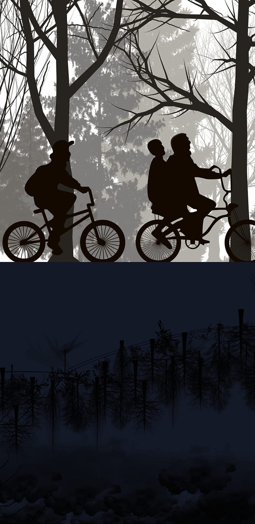 Two children on bicycles ride through a foggy forest with bare branches and an inverted cloud landscape below.