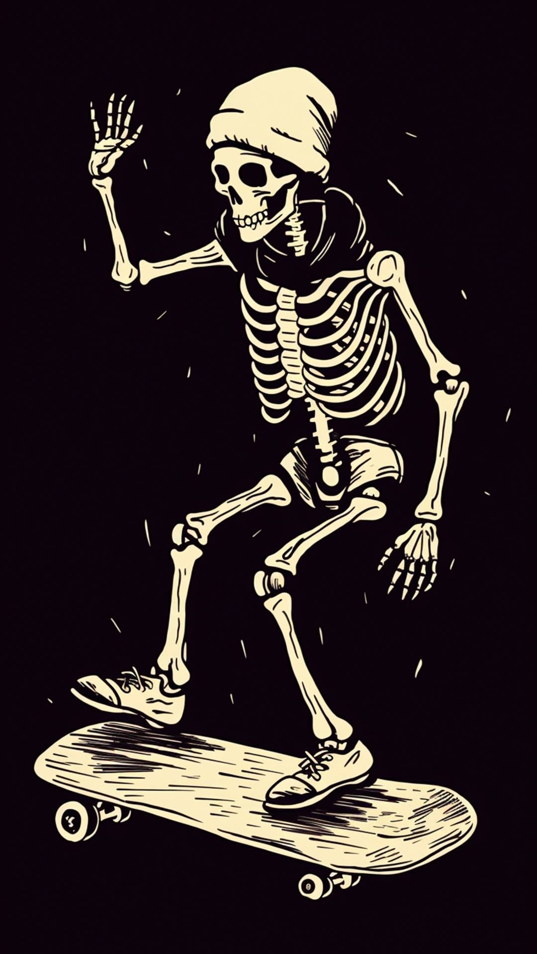 Skeleton wearing a beanie skateboards against a black backdrop with cream-colored bones visible in mid-motion.