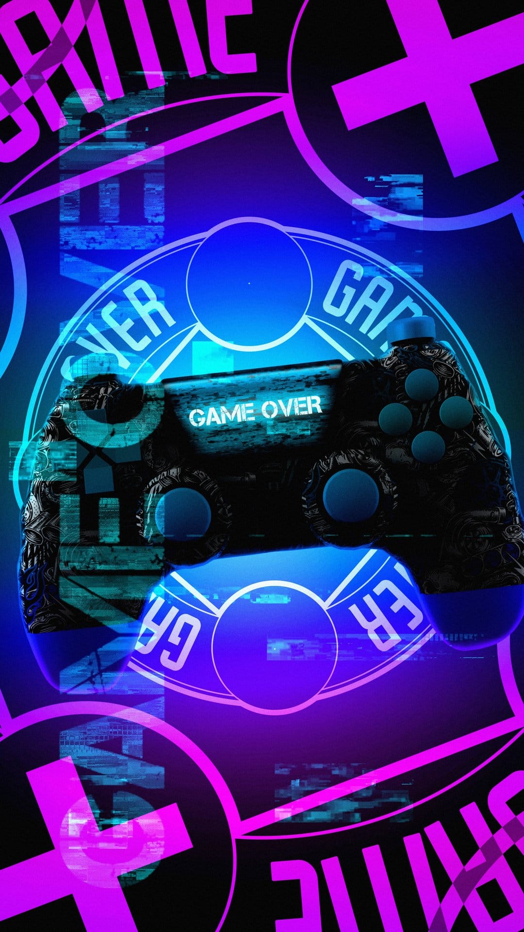 Game controller glowing with neon blue and purple glitch distortions and Game Over text against a dark background.