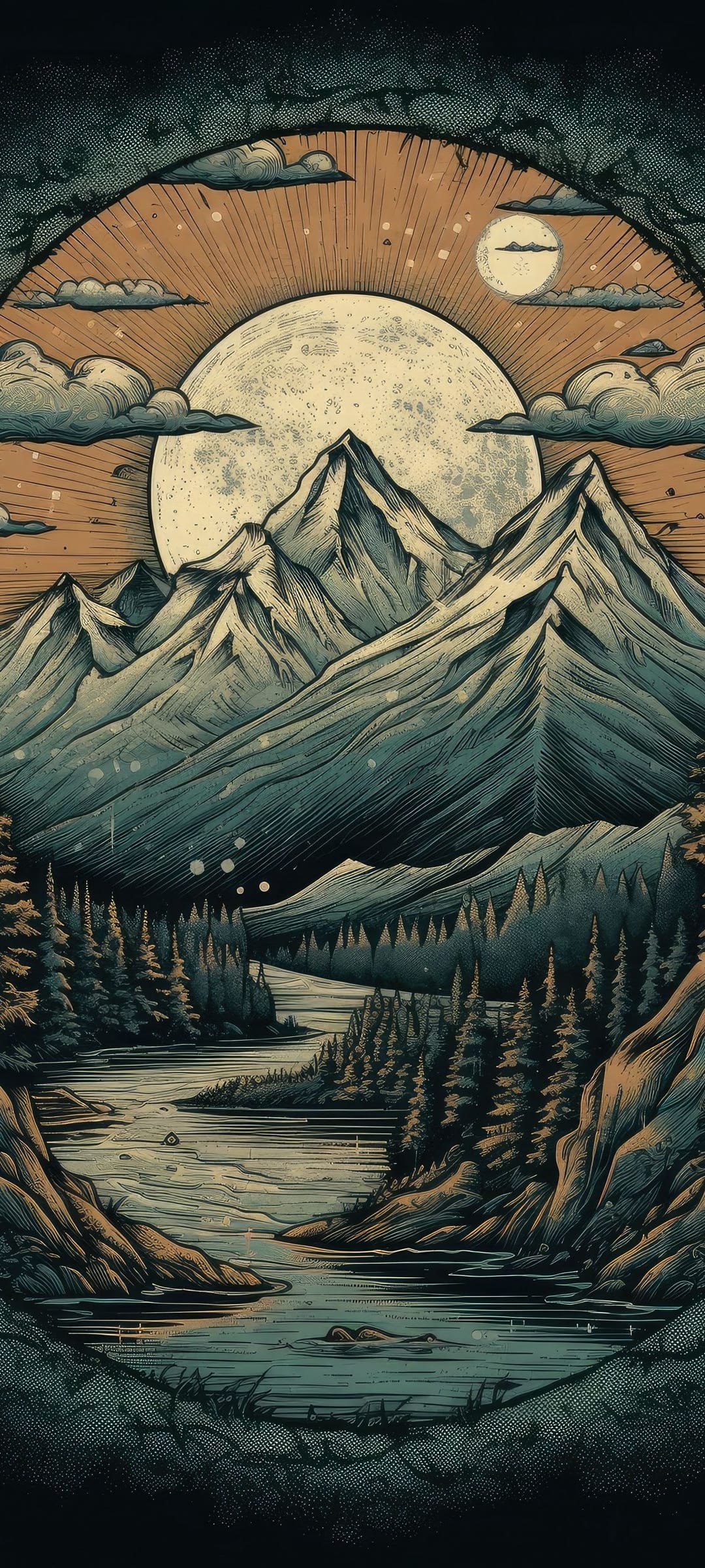 Towering mountain peak under a full moon overlooks a winding river and dense pine forest in the quiet wilderness.