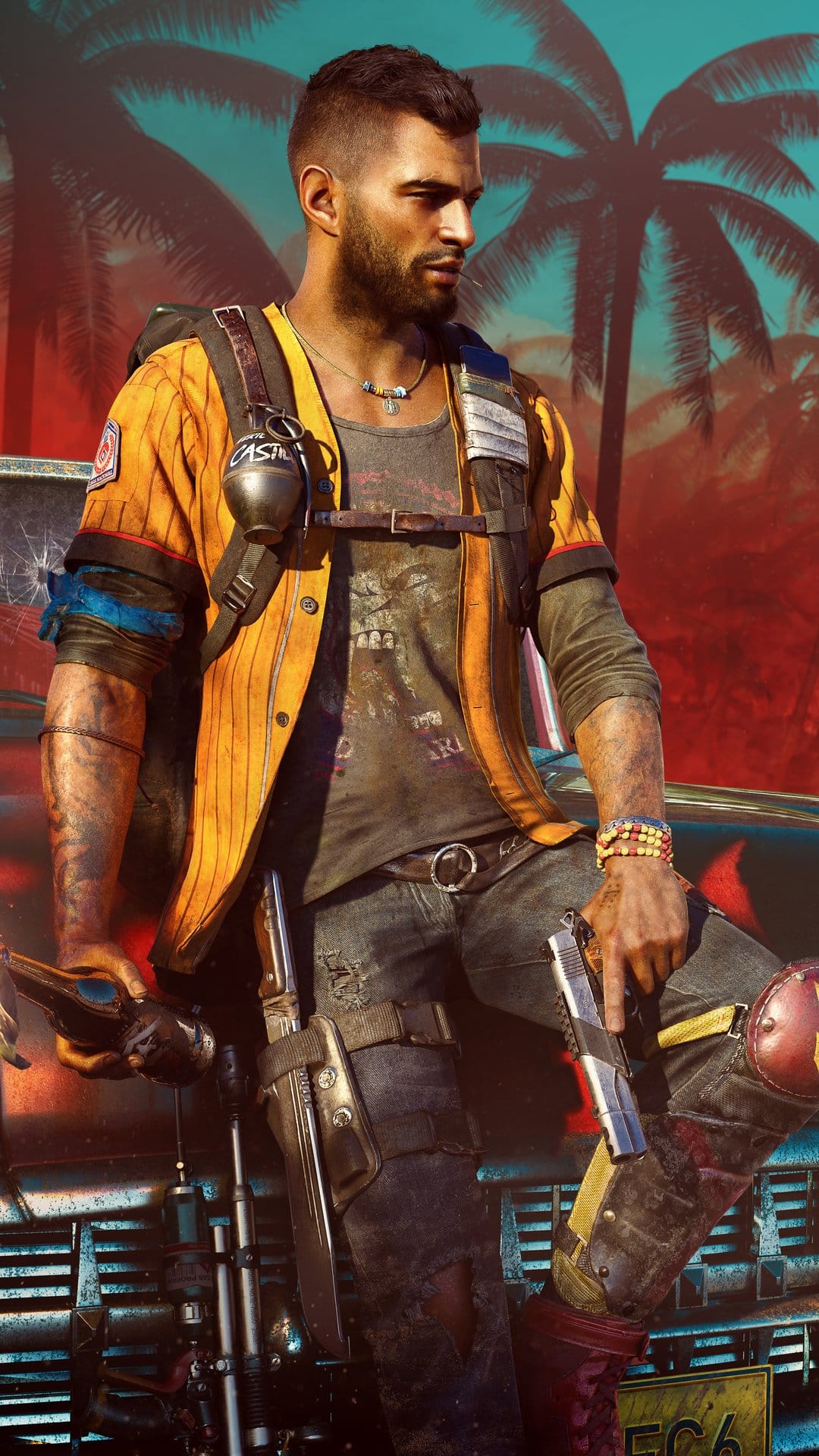 Bearded man in a yellow jersey holding a gun leans on a car with palm trees and blue sky background.