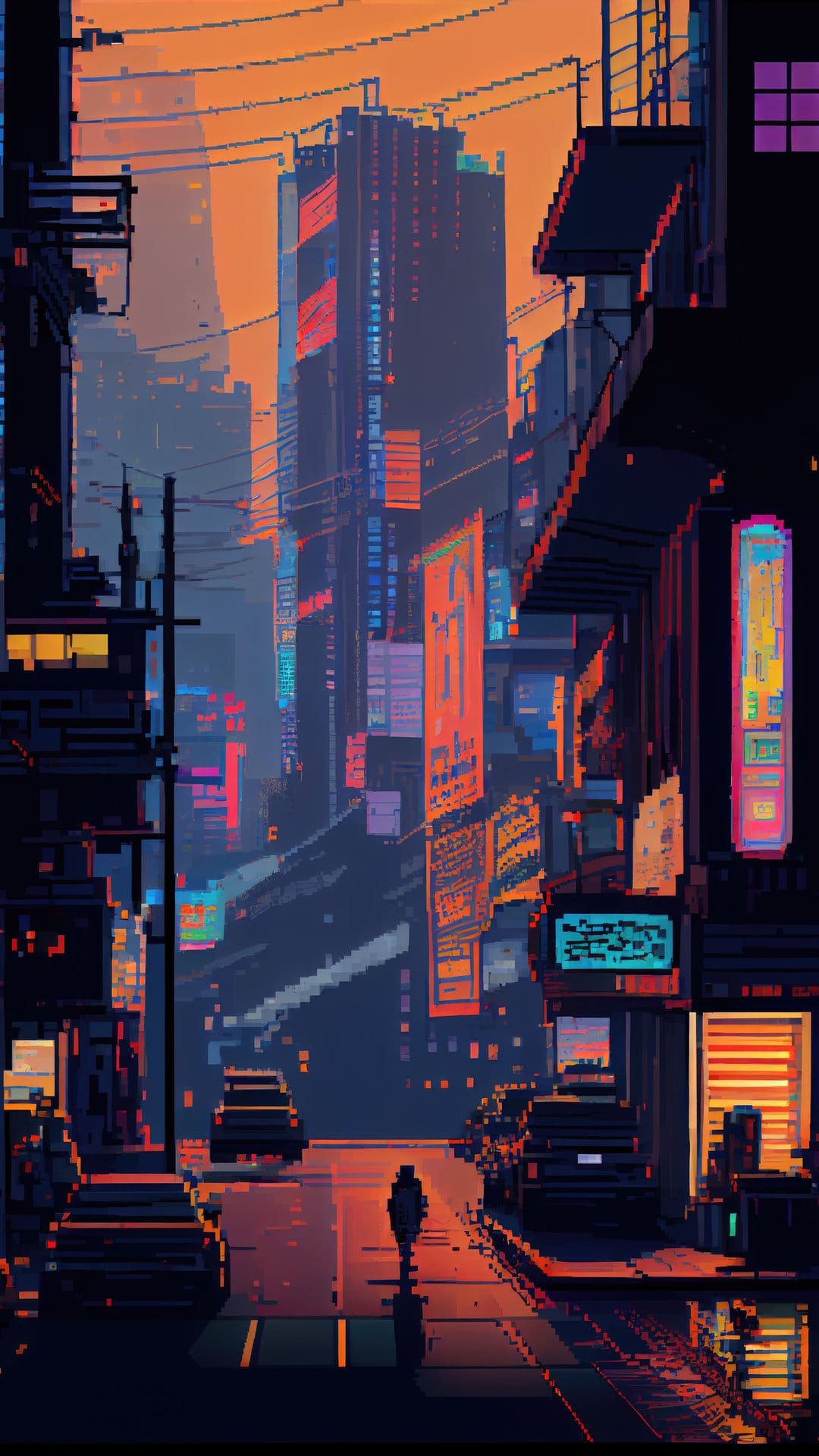 Neon-lit skyscrapers and glowing billboards reflect on wet city streets as a lone figure walks at dusk.