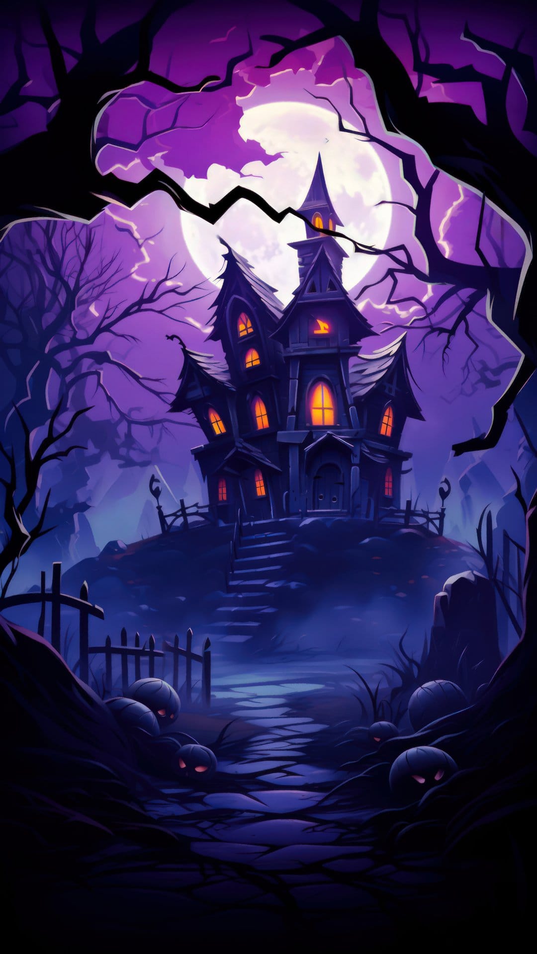 Gothic mansion silhouetted against a massive full moon with carved pumpkins lining a stone path at night.