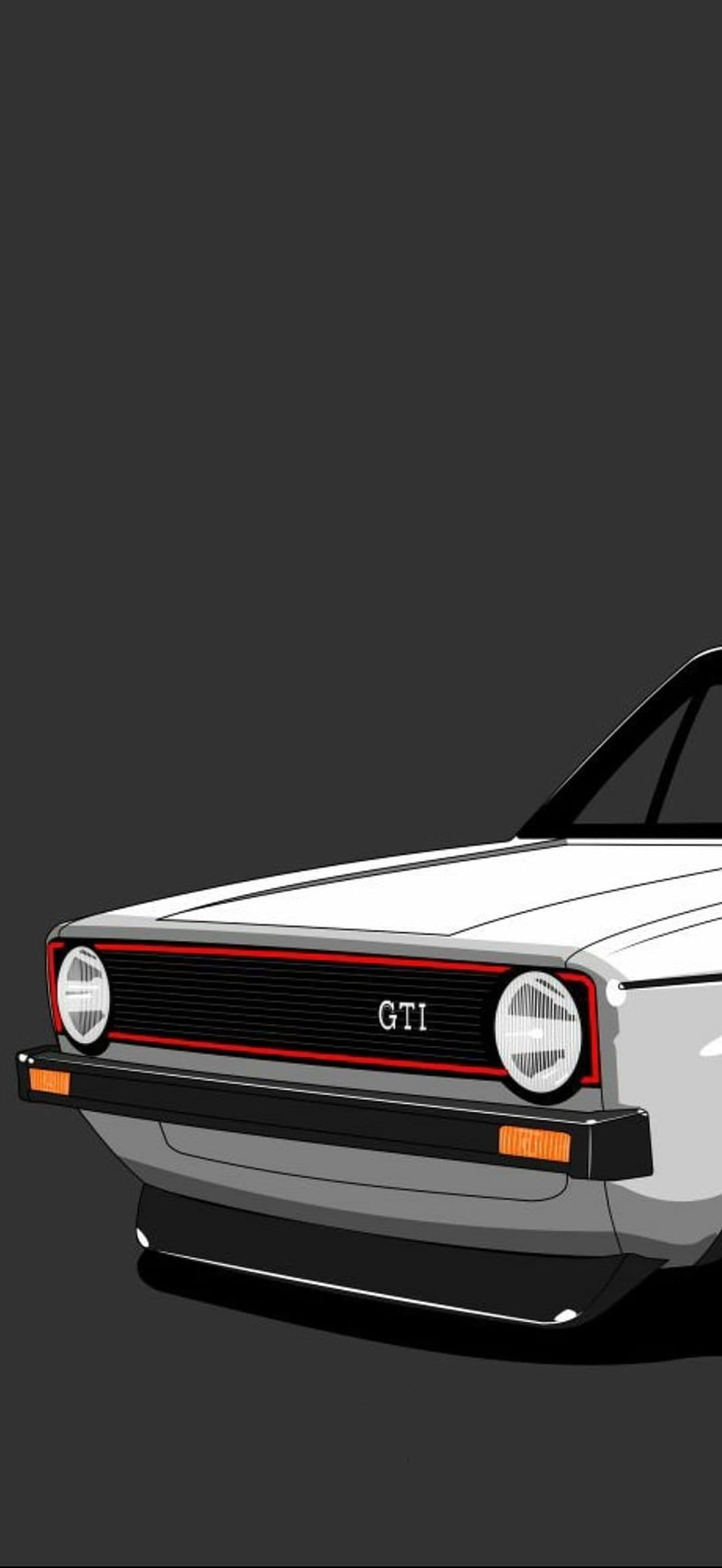 White Volkswagen Golf GTI front grille featuring round headlights, a black mesh, and a horizontal red stripe.
