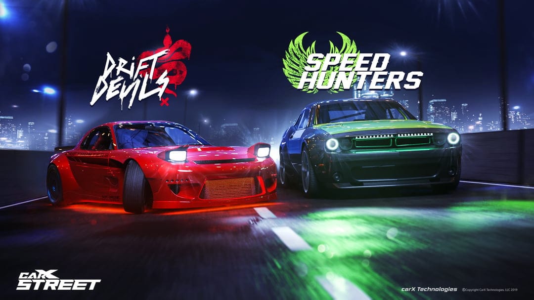 Red Mazda RX-7 and black muscle car racing at night with red and green neon underglow on a city bridge.
