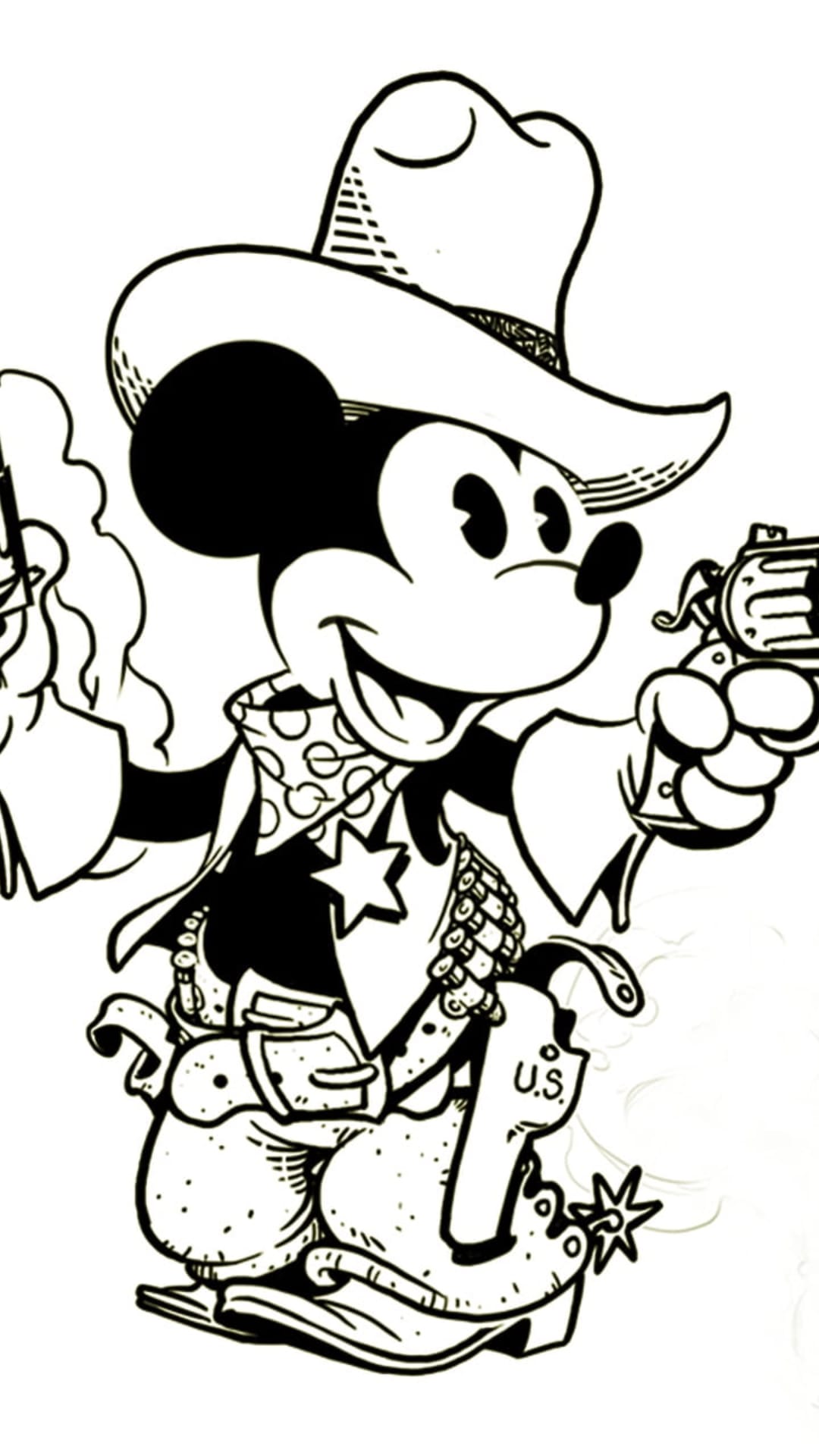 Mickey Mouse wears a cowboy hat and chaps while holding two smoking revolvers in a classic black and white style.