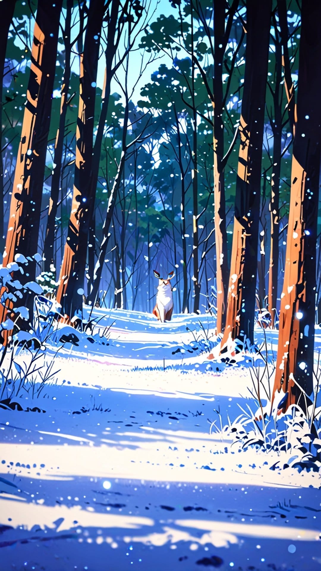 White deer standing on a snowy path surrounded by frost-covered evergreen trees under soft golden morning light.