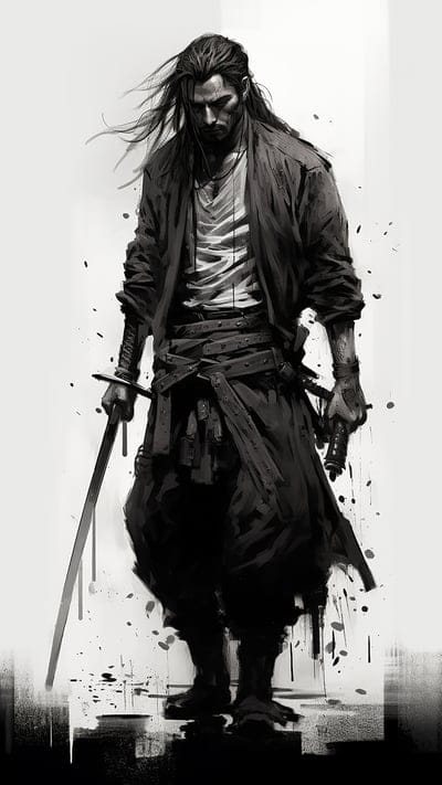 man,warrior,katana,art,black and white