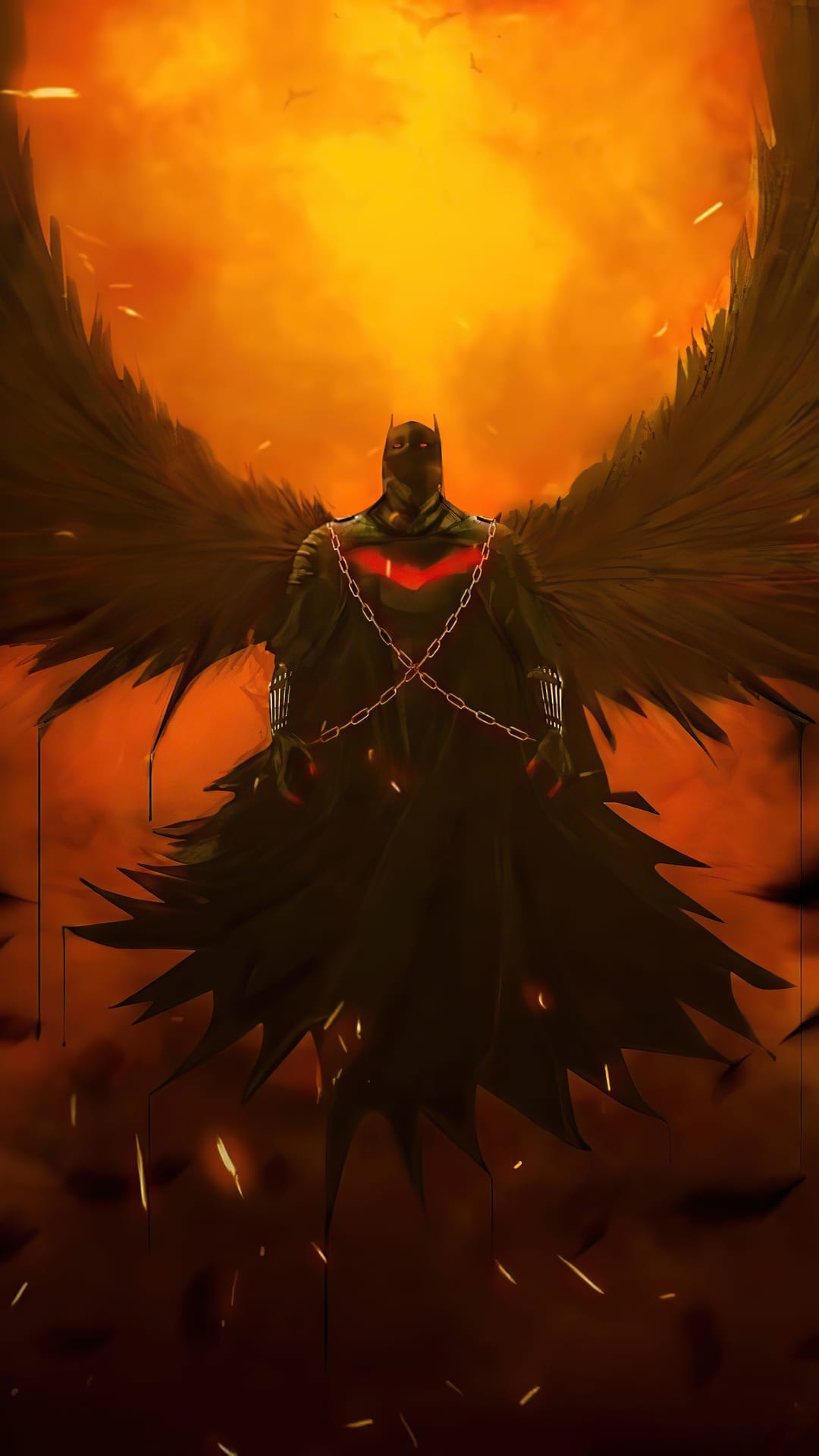 Batman with huge black wings and a glowing red chest symbol stands against a fiery sky with floating embers.