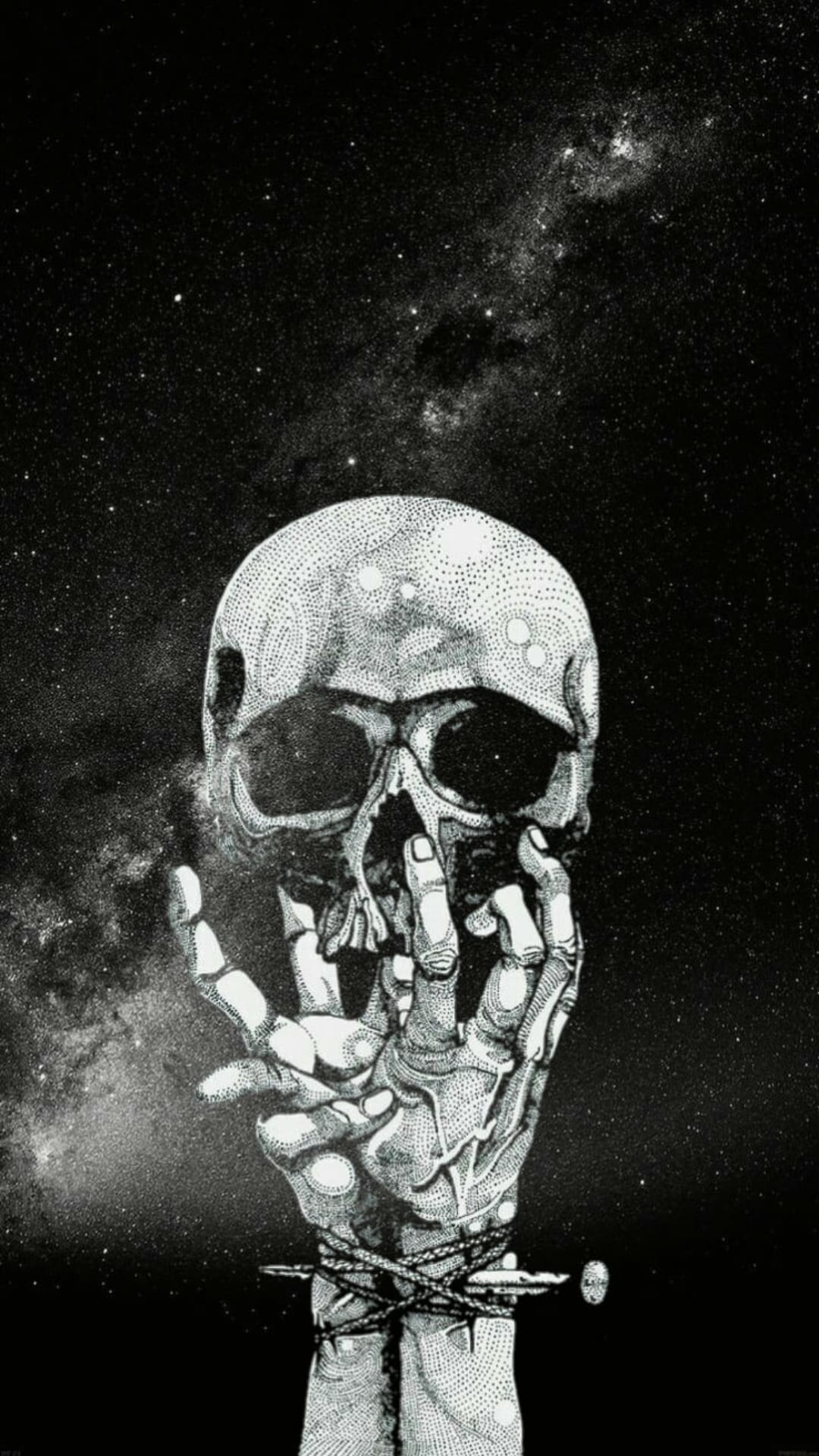 Skeletal hand bound with rope holding a skull against a stippled starry sky in a vertical black and white art piece.