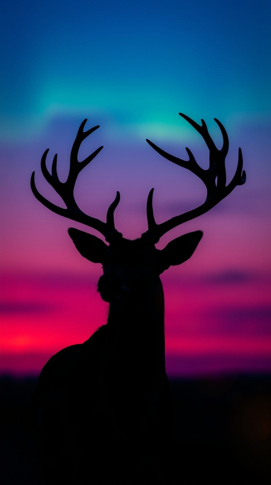 Antlered deer silhouette stands against a gradient of green aurora borealis and a pink sunset twilight sky.
