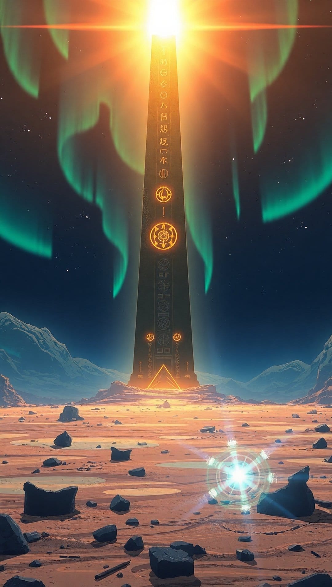 Towering stone obelisk with glowing symbols stands under a green aurora borealis and starry night sky in a tundra.