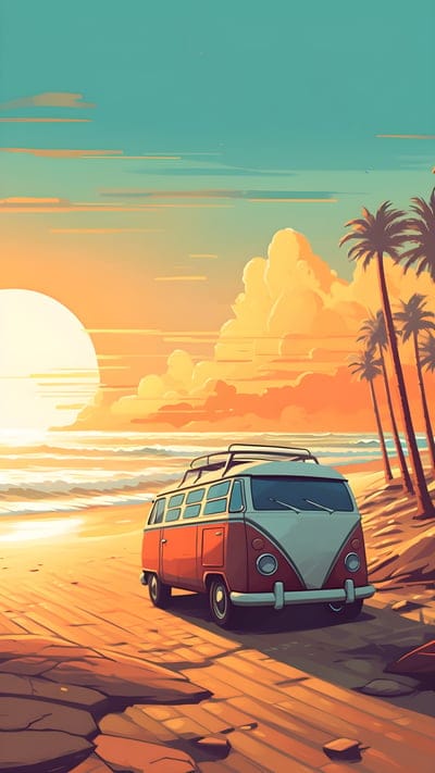 van,beach,sea,sunset,palm trees,summer,art