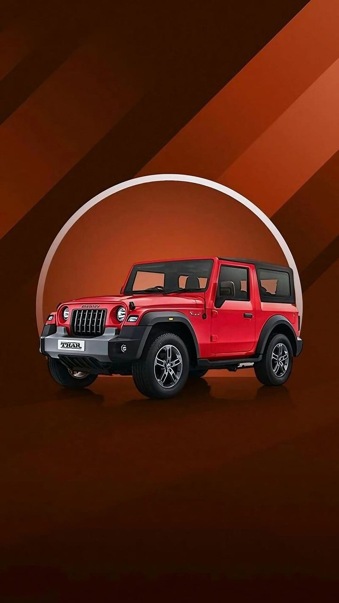 Red Mahindra Thar SUV with rugged tires and signature grille against a warm abstract gradient background.
