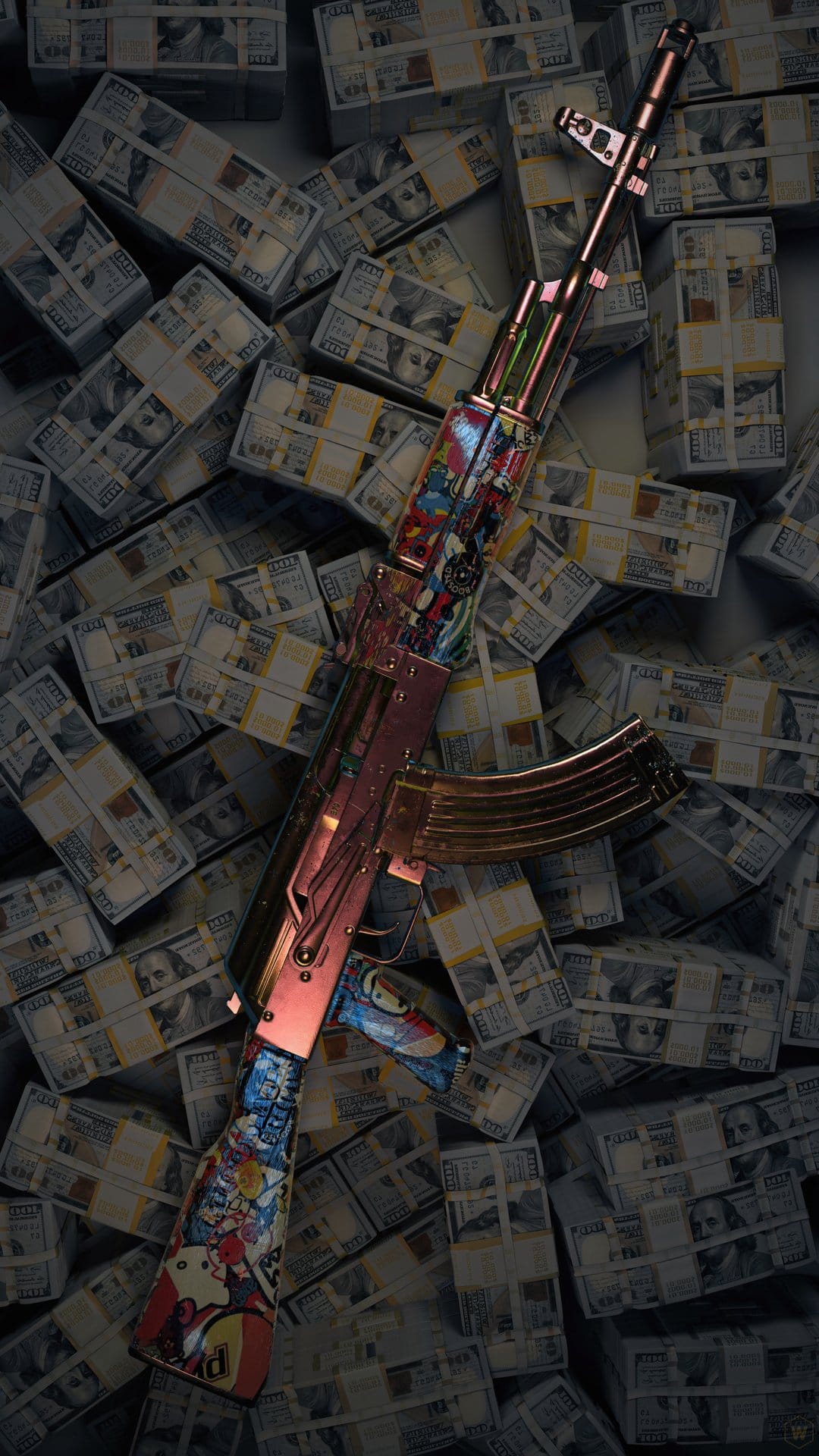 AK-47 rifle with colorful anime stickers resting on a bed of US dollar bill stacks in vertical orientation.