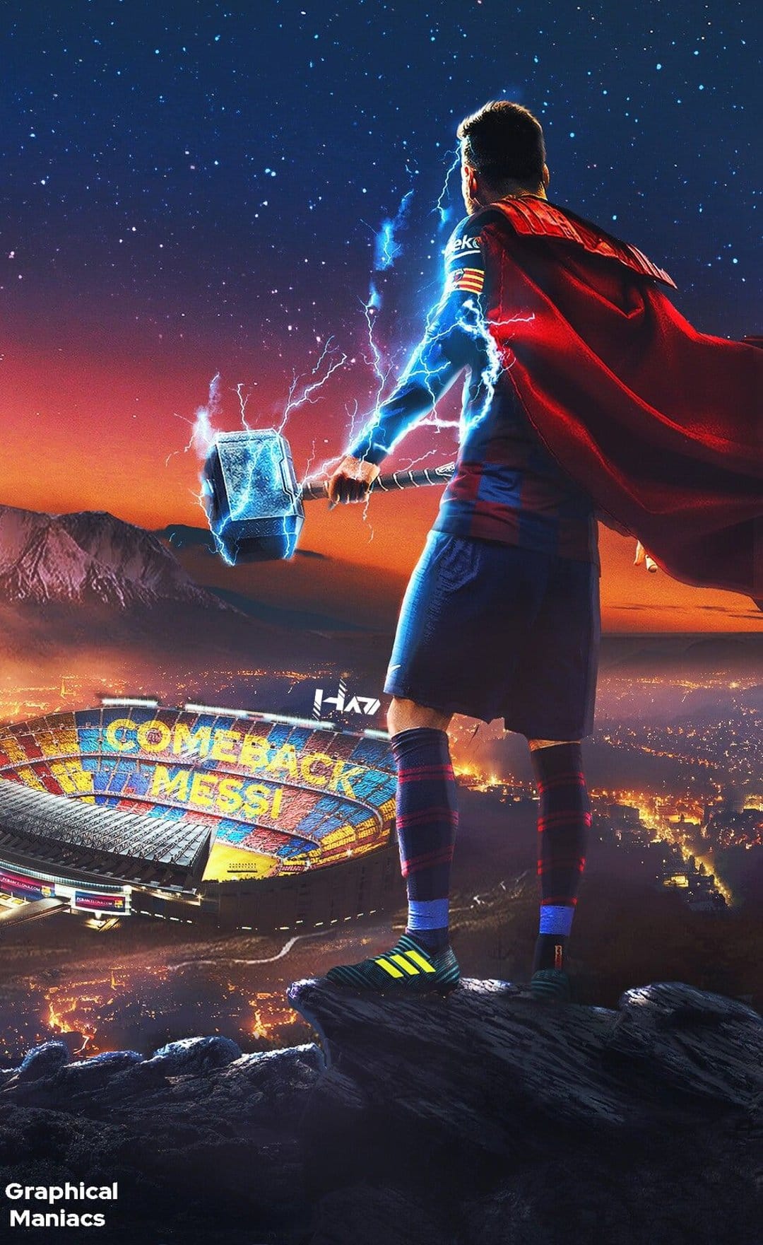 Lionel Messi as a superhero holds a glowing hammer on a cliff overlooking a stadium with a sunset backdrop.