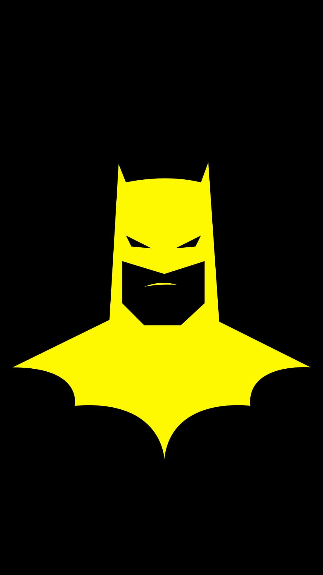 Batman’s yellow cape and cowl silhouette appears in sharp vector lines over a solid black vertical background.