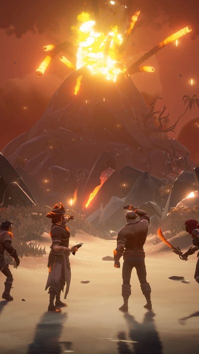 Sea of Thieves, Volcano, Eruption, Pirates, Adventure, Gaming, Fire, Lava, Island, Fantasy, Action, Explosive, Perilous, Seafaring, Dynamic, Tropical, Disaster, Thrilling, Exploration, Smoke