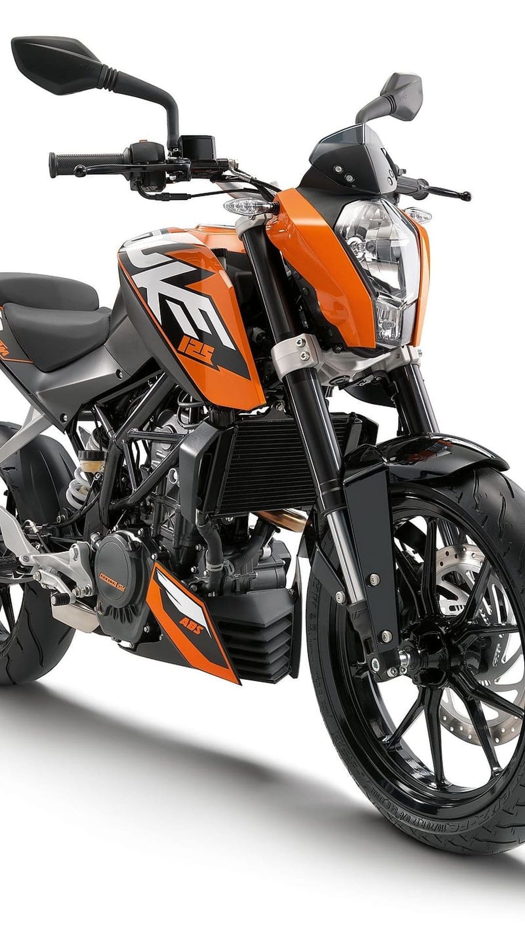 KTM 125 Duke motorcycle front view with orange fairings, LED headlight, and black mirrors on a white background.