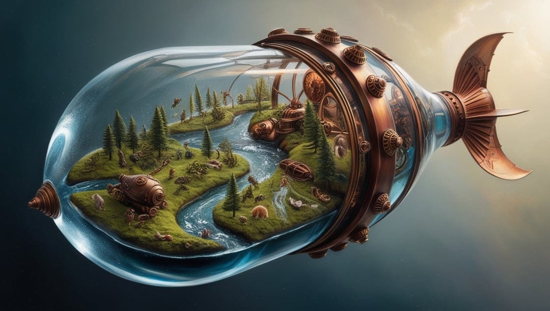 Mechanical glass fish containing a miniature world of green islands and rivers with copper gear accents.
