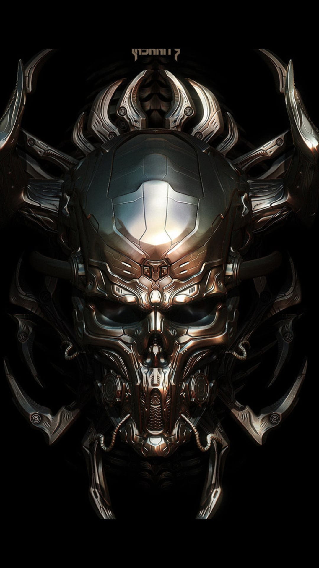 Mechanical skull mask with glowing blue eyes and intricate metallic plates on a dark futuristic backdrop.