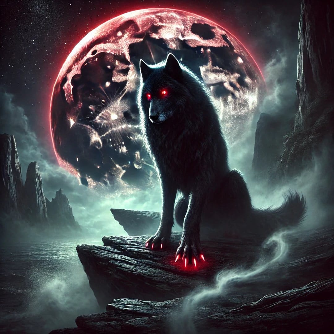 Black wolf with glowing red eyes and paws sits on a rocky cliff under a giant crimson moon in a foggy night.