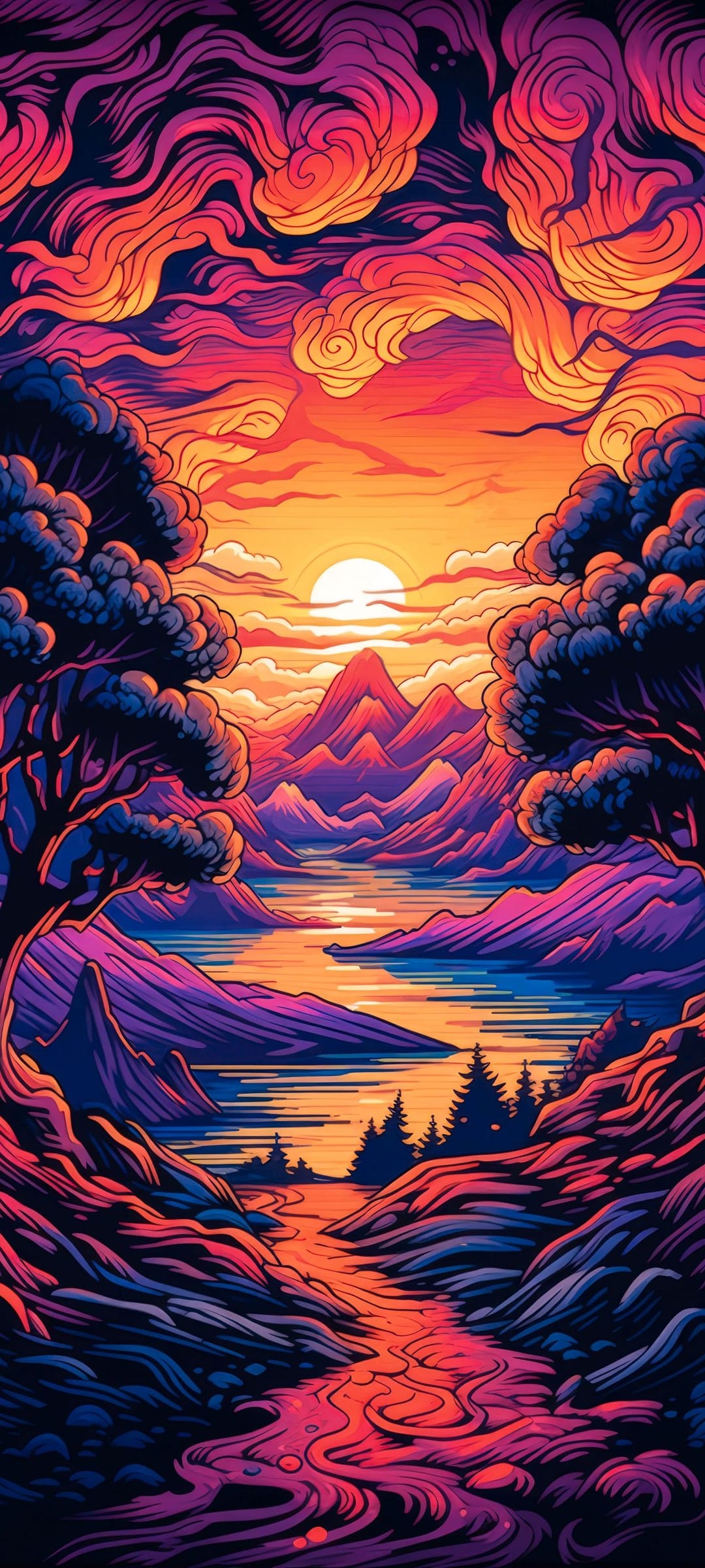 Jagged mountains tower over a calm lake at sunset with dark swirling trees and radiant orange and pink clouds.