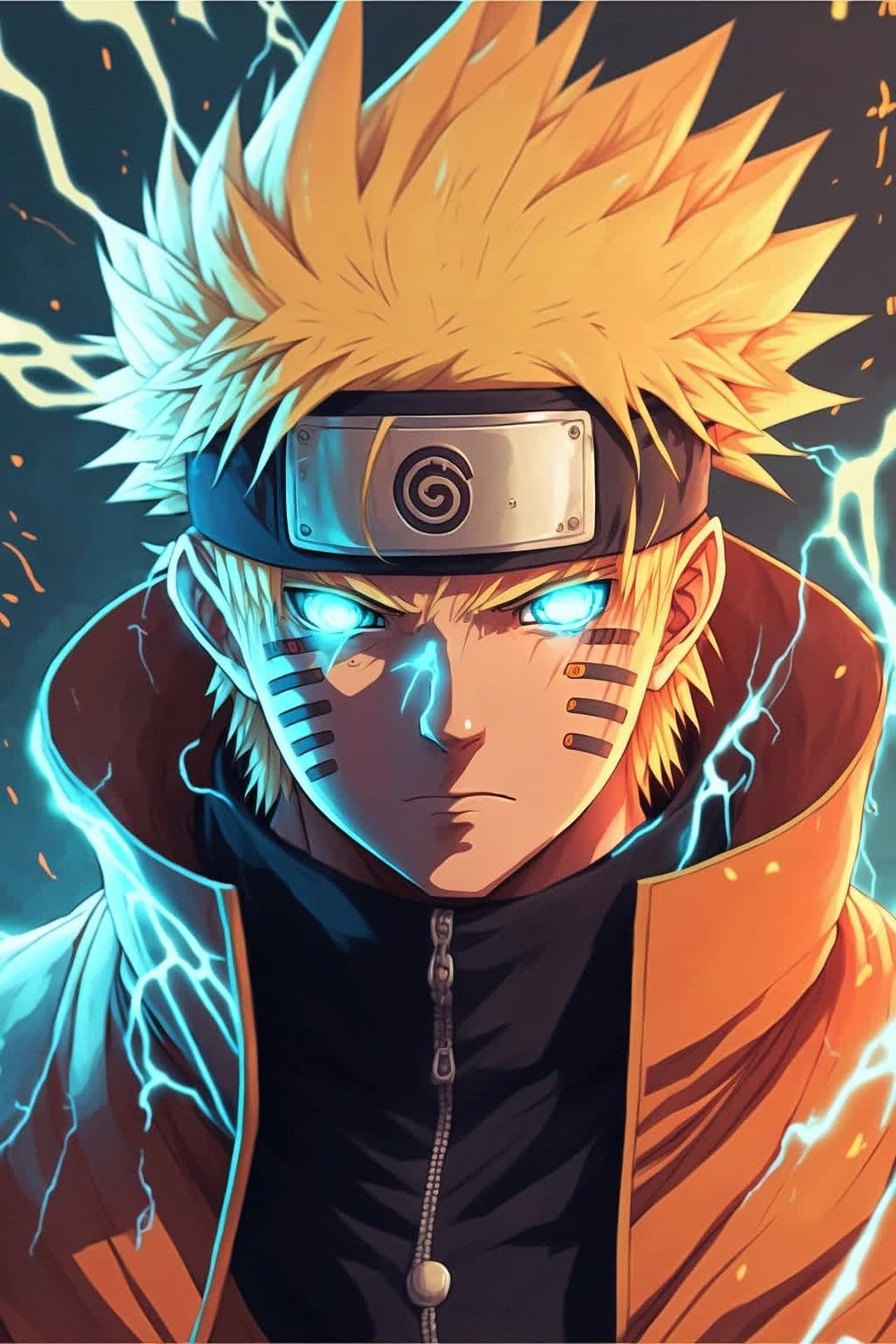 Naruto Uzumaki in glowing orange chakra mode with blue eyes and crackling lightning sparks on a dark background.