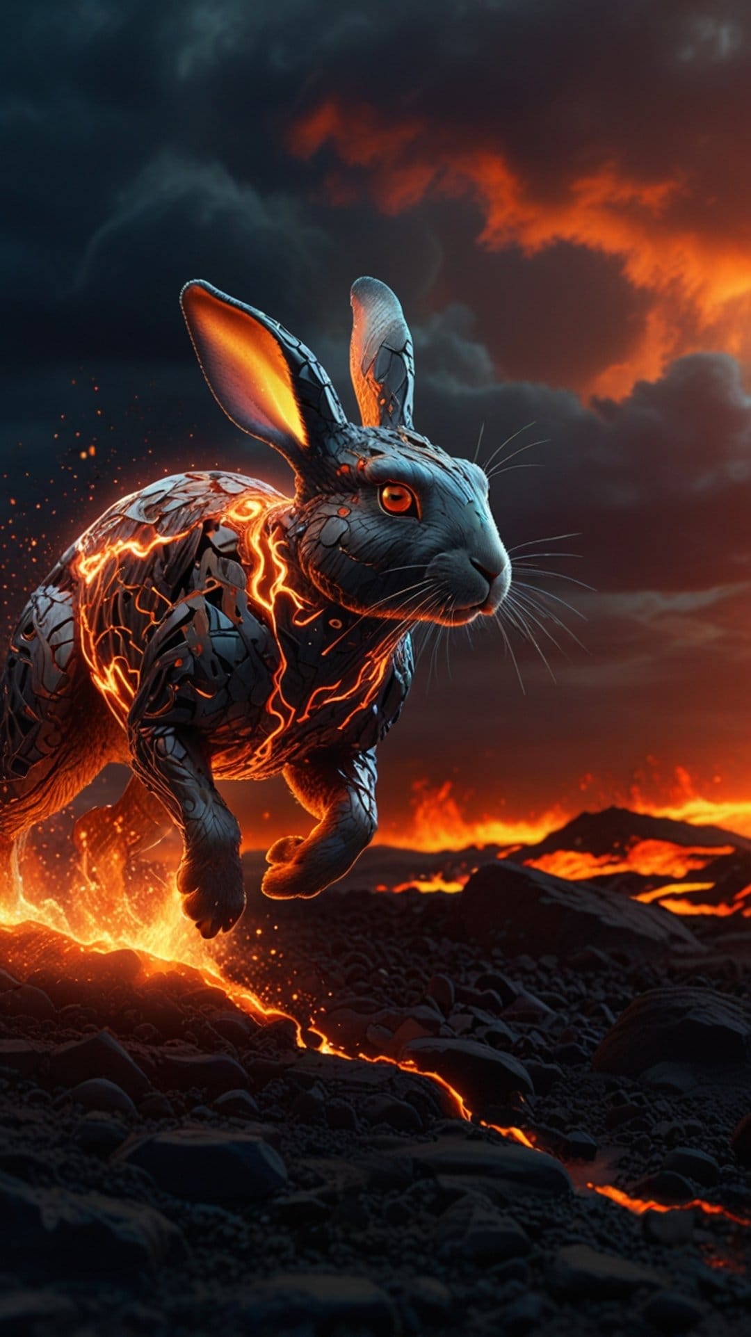 Cybernetic rabbit with glowing orange eyes runs across molten lava under a dark, fiery, and smoke-filled sky.